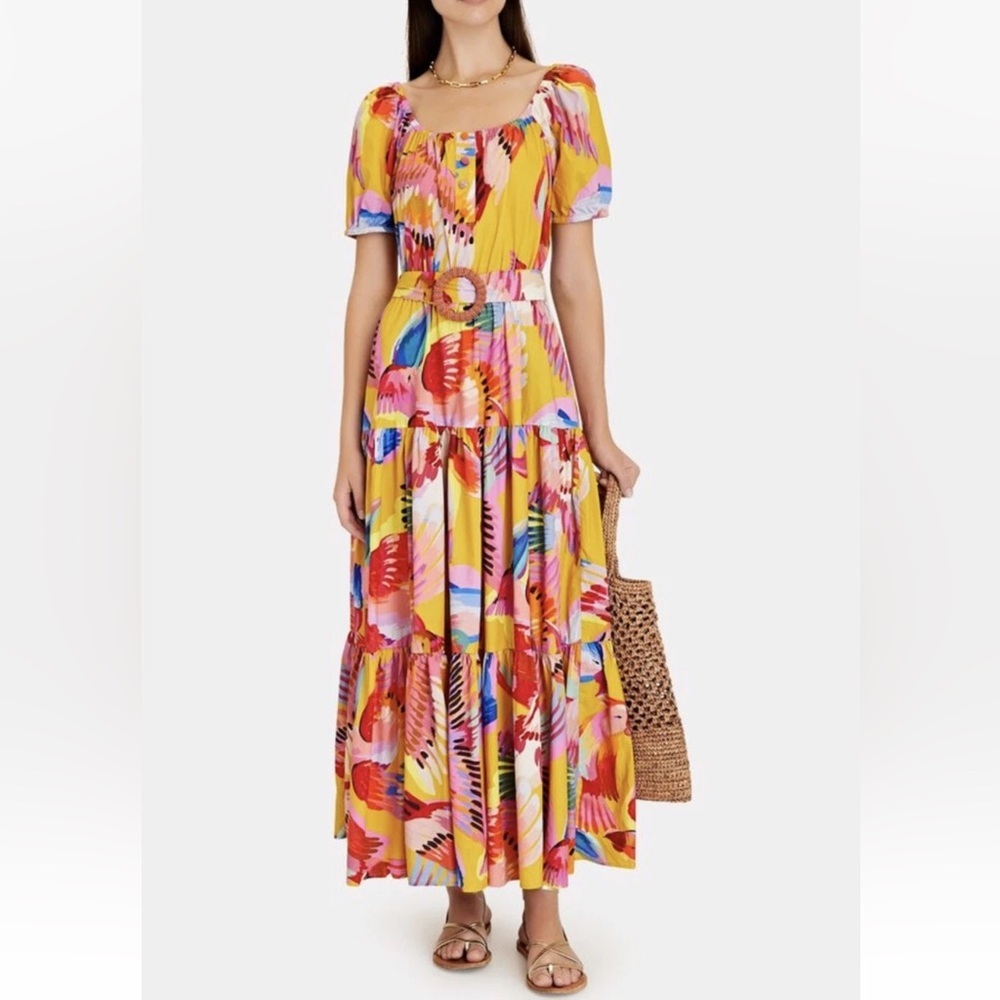 NWT FARM RIO Anthropologie Neon Macaws Puff Sleeve Maxi Dress - Picture 4 of 16